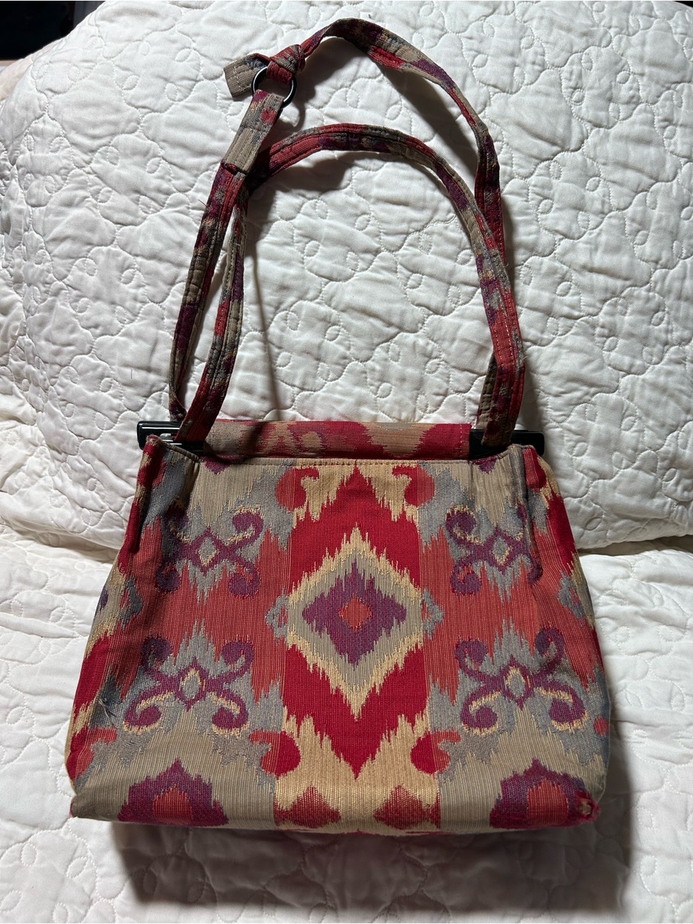 VTG Toby Weston Red Kilim Tapestry Handbag Wood Frame Southwest Boho Y2K